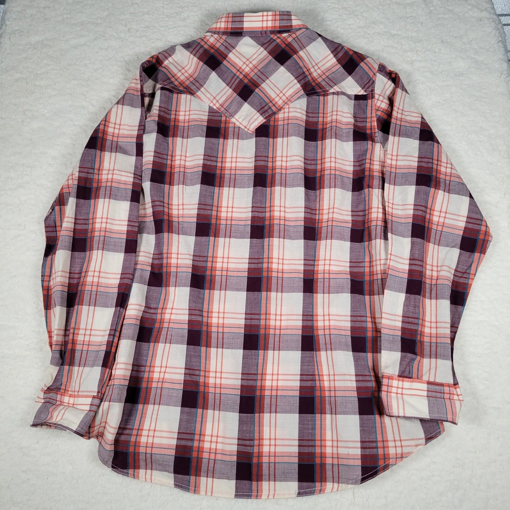 Wrangler Retro Mens XL Plaid Western Snap Shirt Purple Orange Cotton Blend - Picture 14 of 15